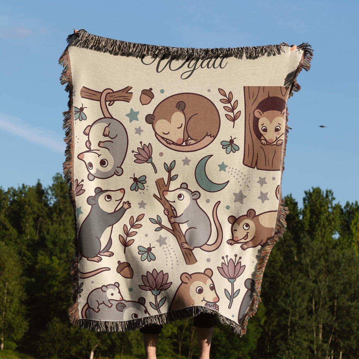 Personalized Possum Blanket, Custom Name Moonlight Possum Woven Throw, Spooky Cute Woodland Nursery Decor, Gift for Kids Nature Lovers