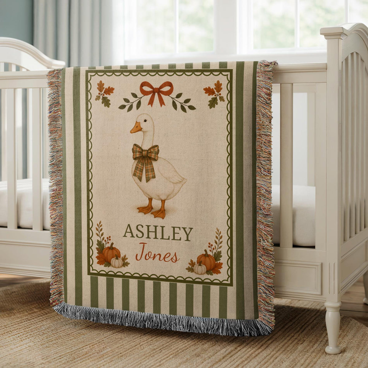 Personalized Fall Goose Baby Woven Blanket, Custom Name Striped Blanket, Autumn Woodland Nursery Decor, Keepsake Tapestry, Baby Shower Gift
