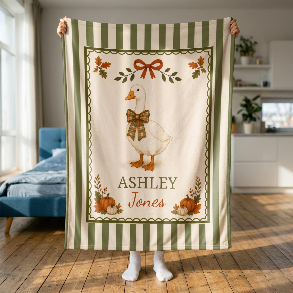 Personalized Fall Goose Baby Woven Blanket, Custom Name Striped Blanket, Autumn Woodland Nursery Decor, Keepsake Tapestry, Baby Shower Gift