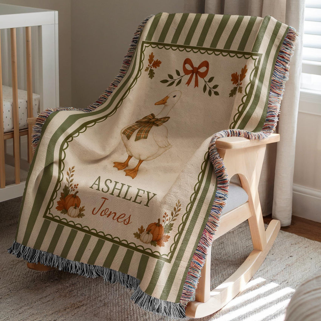 Personalized Fall Goose Baby Woven Blanket, Custom Name Striped Blanket, Autumn Woodland Nursery Decor, Keepsake Tapestry, Baby Shower Gift