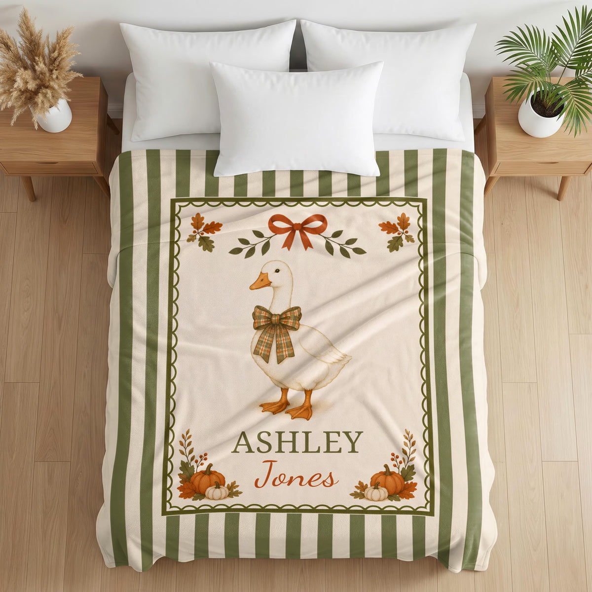 Personalized Fall Goose Baby Woven Blanket, Custom Name Striped Blanket, Autumn Woodland Nursery Decor, Keepsake Tapestry, Baby Shower Gift