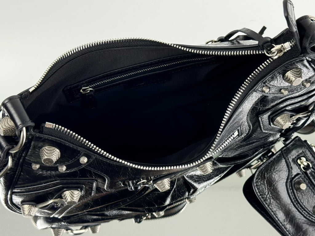 LE CAGOLE LARGE SHOULDER BAG 33 WITH RHINESTONES IN BLACK ARENA LAMBSKIN SILVER HARDWARE