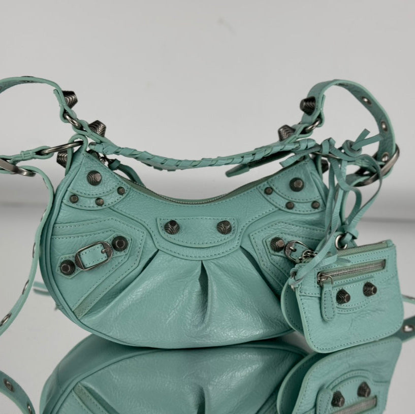 LE CAGOLE SMALL SHOULDER BAG 26 WITH RHINESTONES IN MINT GREEN LAMBSKIN