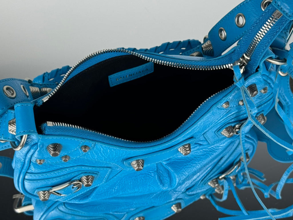 LE CAGOLE SMALL SHOULDER BAG 26 WITH RHINESTONES IN DODPER BLUE LAMBSKIN