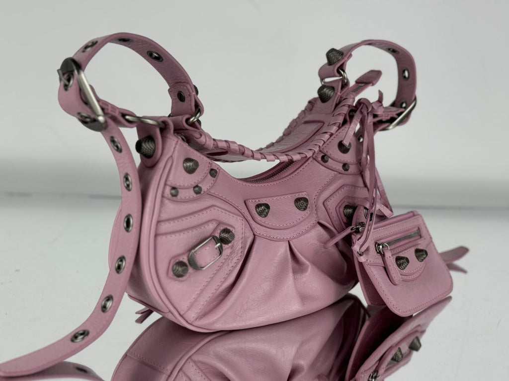 LE CAGOLE SMALL SHOULDER BAG 26 WITH RHINESTONES IN CREPE PINK LAMBSKIN
