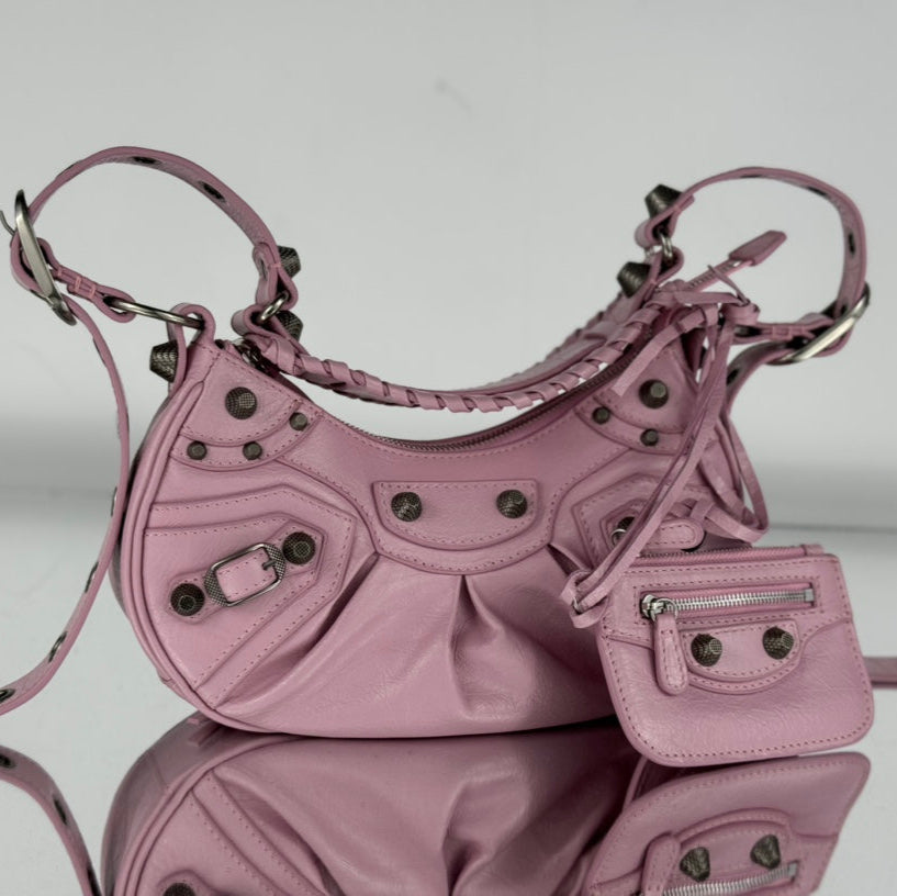 LE CAGOLE SMALL SHOULDER BAG 26 WITH RHINESTONES IN CREPE PINK LAMBSKIN