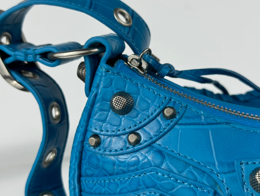 LE CAGOLE SMALL SHOULDER BAG 26 WITH RHINESTONES IN DODPER BLUE CROCODILE EMBOSSED CALFSKIN