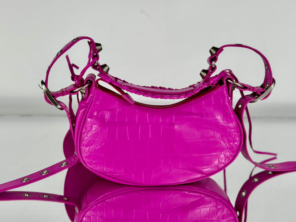 LE CAGOLE SMALL SHOULDER BAG 26 WITH RHINESTONES IN DEEP PINK CROCODILE EMBOSSED CALFSKIN