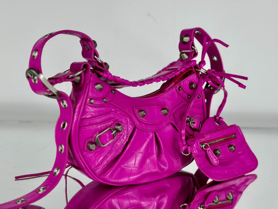 LE CAGOLE SMALL SHOULDER BAG 26 WITH RHINESTONES IN DEEP PINK CROCODILE EMBOSSED CALFSKIN