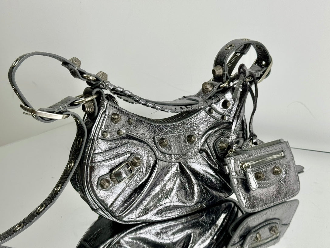 LE CAGOLE SMALL SHOULDER BAG 26 WITH RHINESTONES IN SILVER METALLIC ARENA LAMBSKIN