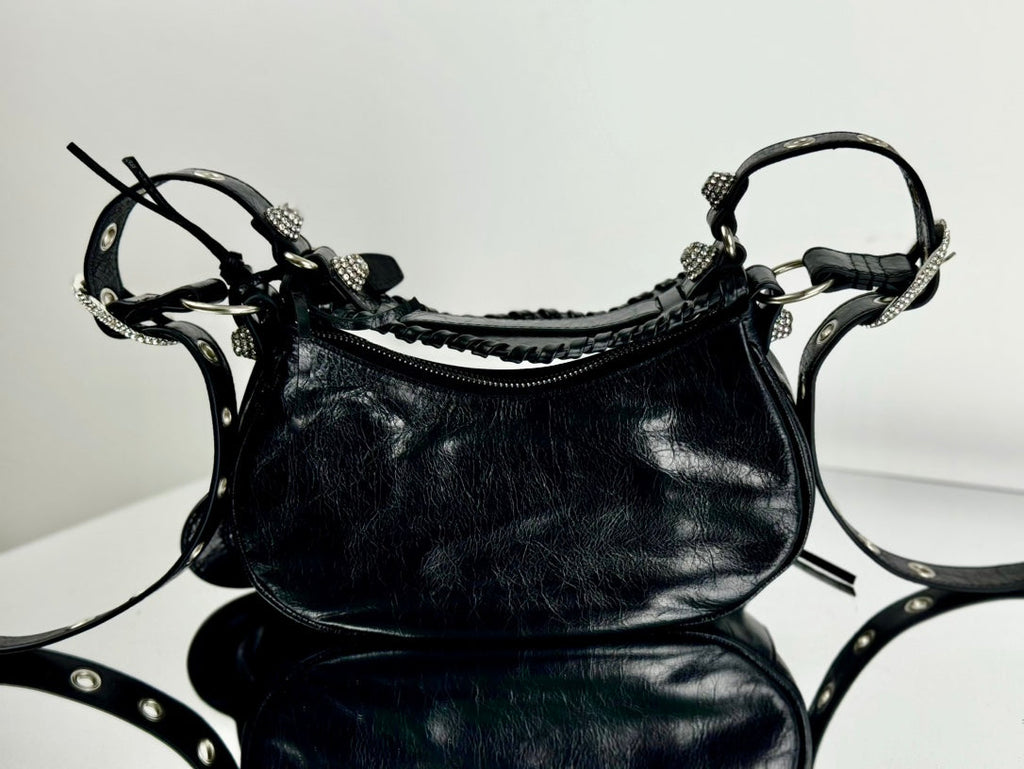 LE CAGOLE SMALL SHOULDER BAG 26 WITH RHINESTONES IN BLACK ARENA LAMBSKIN SILVER HARDWARE