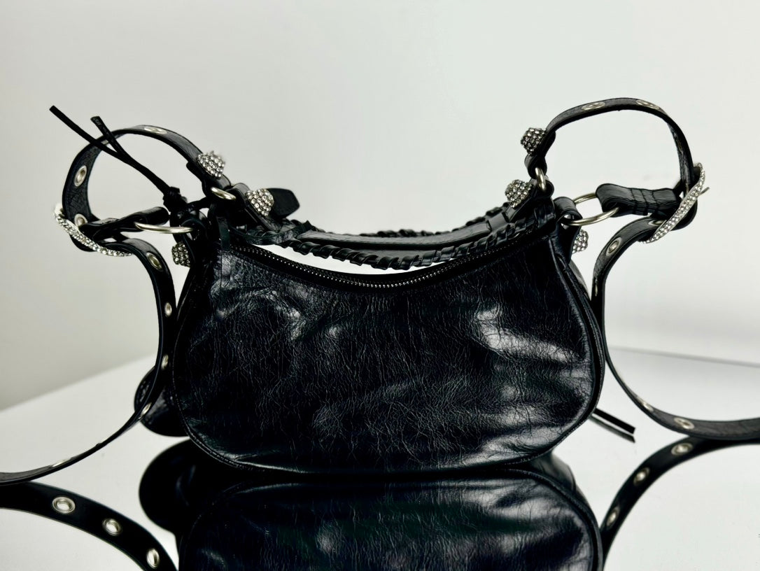 LE CAGOLE SMALL SHOULDER BAG 26 WITH RHINESTONES IN BLACK ARENA LAMBSKIN SILVER HARDWARE