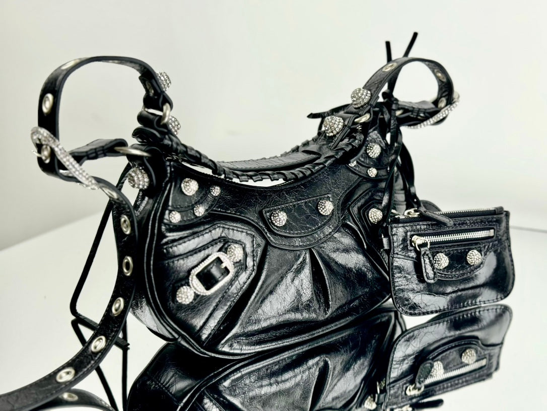 LE CAGOLE SMALL SHOULDER BAG 26 WITH RHINESTONES IN BLACK ARENA LAMBSKIN SILVER HARDWARE