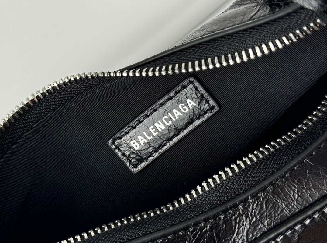 LE CAGOLE SMALL SHOULDER BAG 26 WITH RHINESTONES IN BLACK ARENA LAMBSKIN SILVER HARDWARE