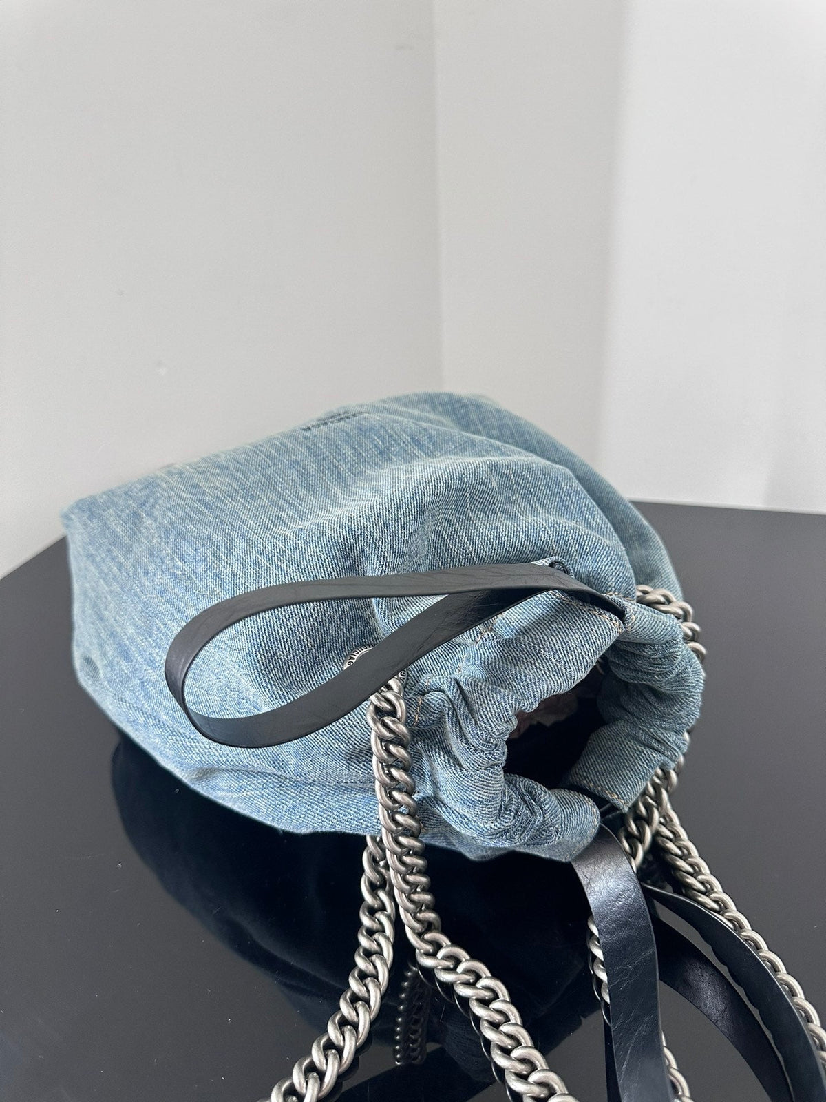 CRUSH SMALL TOTE BAG 26 IN BLUE WASHED DENIM SILVER HARDWARE