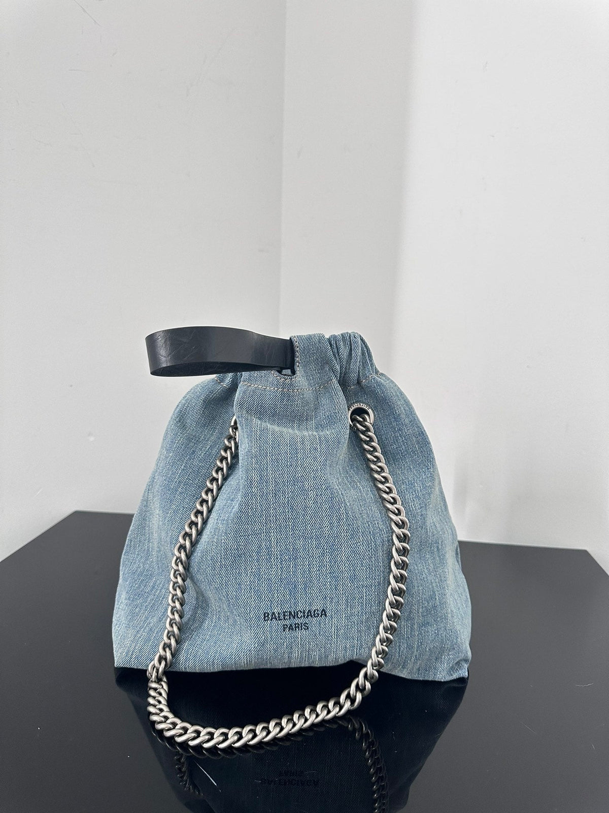 CRUSH SMALL TOTE BAG 26 IN BLUE WASHED DENIM SILVER HARDWARE