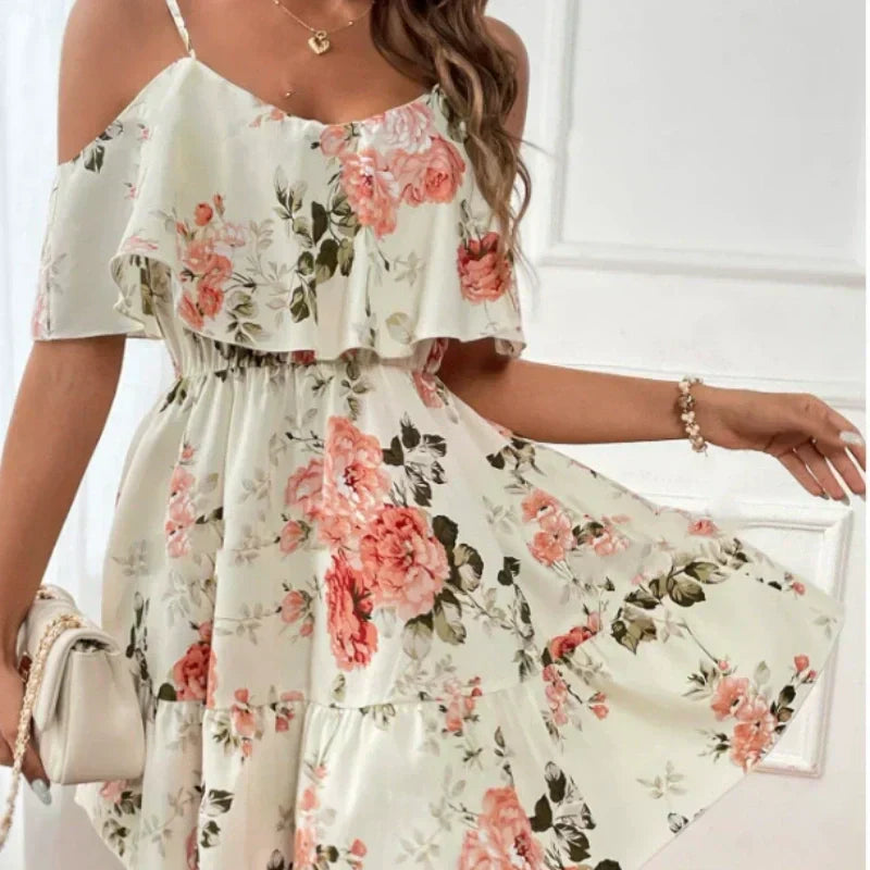 ⏰🎁Women's Boho Floral Print Cold Shoulder Dress