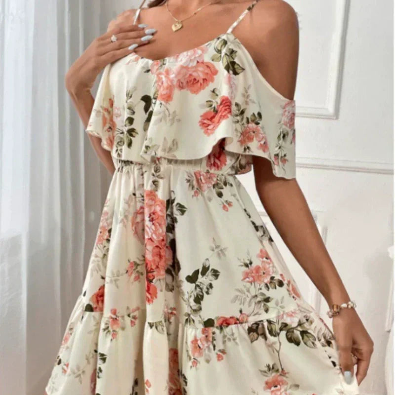 ⏰🎁Women's Boho Floral Print Cold Shoulder Dress