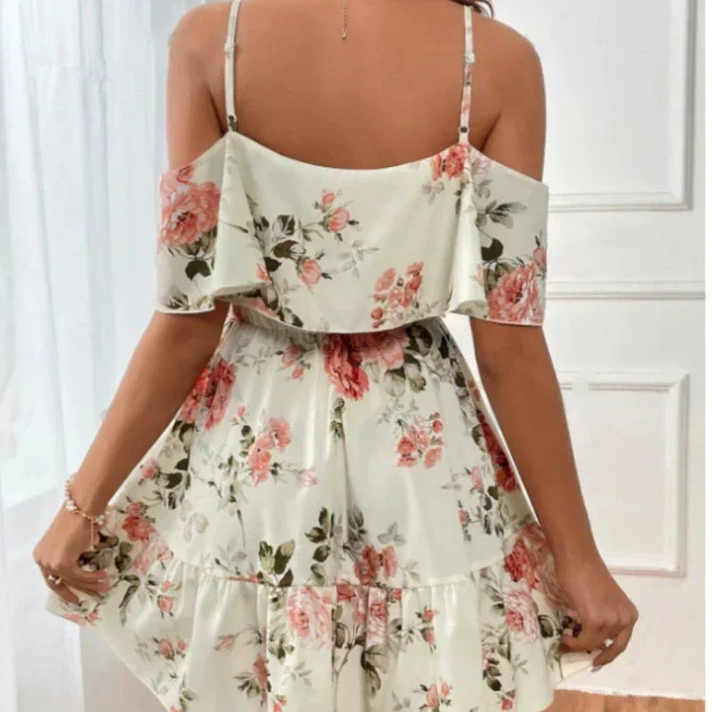 ⏰🎁Women's Boho Floral Print Cold Shoulder Dress