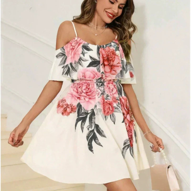 ⏰🎁Women's Boho Floral Print Cold Shoulder Dress