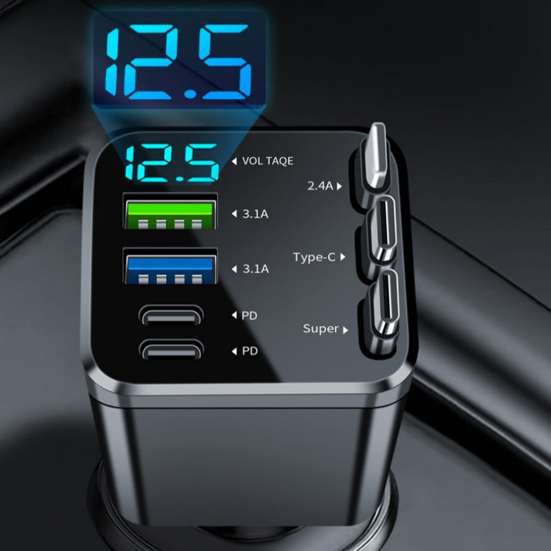 🔋 50% OFF NOW! 🚗 Fast Charging 7-in-1 Retractable Fast Car Charger with Voltage Display – USB-C For Android&Lighting For APPLE
