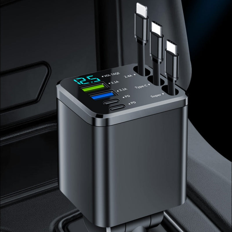 🔋 50% OFF NOW! 🚗 Fast Charging 7-in-1 Retractable Fast Car Charger with Voltage Display – USB-C For Android&Lighting For APPLE